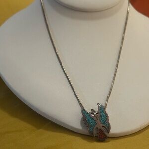 Turquoise and Coral Winged Pendant Necklace - Women Jewelry